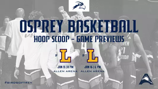 HOOP SCOOP game preview for men's basketball games at Lipscomb on Jan. 15-16, featuring team huddle image in background and white text on gray background