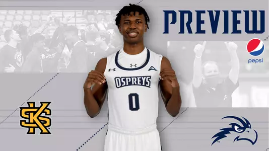 MBB preview graphic for games against Kennesaw State featuring head shot of Emmanuel Adedoyin and both North Florida and Kennesaw State logos on a gray background with blue lettering