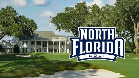 Image of clubhouse at Timuquana Country Club along with a UNF Golf logo