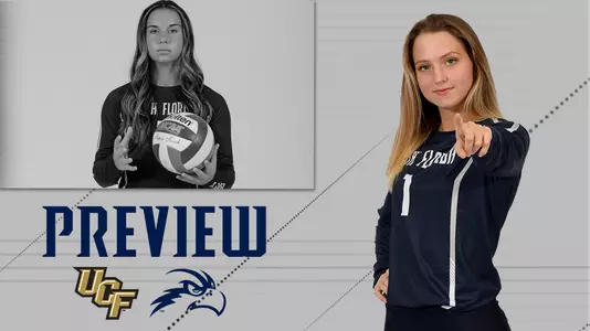 VB PREVIEW AT UCF graphic with a posed shot of Logan O'Brien and Julianna askew