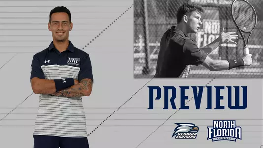 Men's tennis preview vs. Georgia Southern featuring action shots of Jonas Hartenstein and Federico Nani over a gray background.