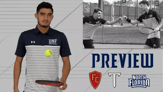 Men's tennis preview vs. Flagler and Troy with an action shot and posed shot over a gray background with logos.