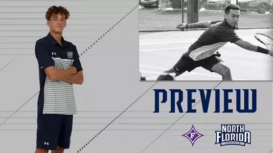 men's tennis preview graphic with a picture of federico nani in a rectangle with a picture of PJ kotan over a gray background