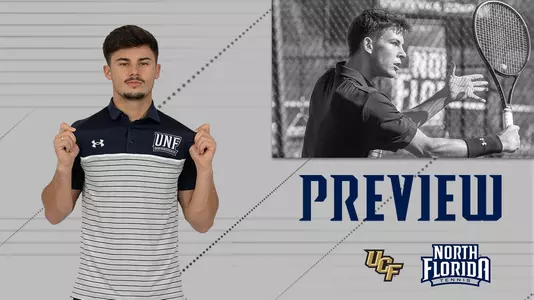 Men's tennis preview graphic with joe ellis and jonas hartenstein over a gray background next to two logos.