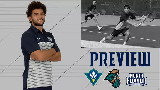 UNCW and Coastal Carolina Preview Graphic with an action shot and posed shot of men's tennis players over a gray background with team logos.
