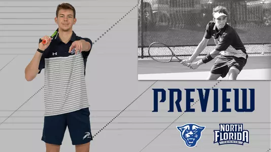 men's tennis preview graphic with a picture of PJ Kotan in a rectangle and a picture of Jonas Hartestein over a gray background