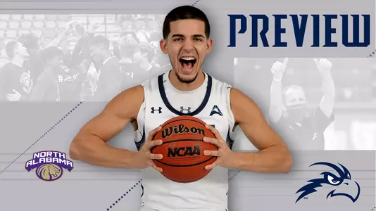 Men's basketball preview graphic for games against North Alabama featuring a head shot of Jose Placer holding a basketball and screaming