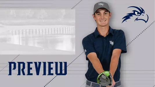 Men's Golf preview graphic for Sea Best Invitational featuring head shot of Nick Gabrelcik and background image of golf green on Dye's Valley Course