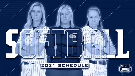 Softball 2021 Schedule with posed shots of Marcie Higgs, Morgan Clausena nd Rebecca Koskey