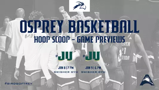 HOOP SCOOP game preview for men's basketball games at Jacksonville on Jan. 8-9, featuring team huddle image in background and white text on gray background