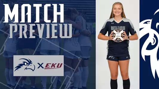 Women's soccer preview graphic for game at Eastern Kentucky featuring head shot of Vanessa Piermont and a background image of team huddl
