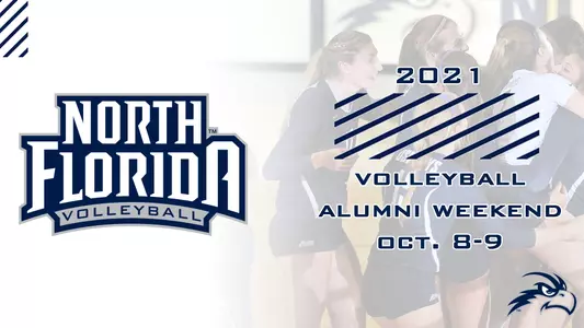 volleyball alumni weekend graphic with a logo and team celebration and text