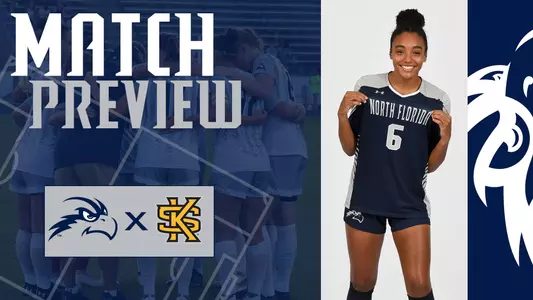 Women's soccer preview graphic for game vs Kennesaw State featuring head shot of Allyna Thurston and a background image of team huddle