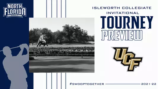 Men's Golf preview graphic for Isleworth Collegiate Invitational featuring background image of golf green at Isleworth Country Club