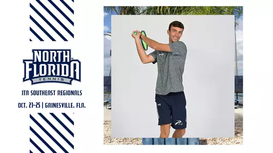Men's tennis preview graphic with a picture of Matt Carroll with text with details on the iTA SOutheast Regionals