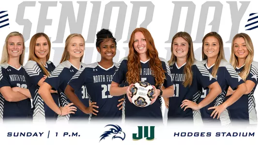 Senior day graphic with head shots of all 8 UNF women's soccer seniors: Analiese Anderson, Julia Lombardo, Vanessa Piermont, Morgan Robertson, Emma Voigt, Kendra Hoffman, Carmel Oliveira, Chloe Tebon