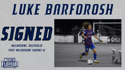 Signing graphic of junior transfer Luke Barforosh from Melbourne, Australia signing with the men's soccer team