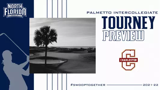 Preview for women's golf Palmetto Intercollegiate tournament featuring background image of hole at Turtle Point Country Club