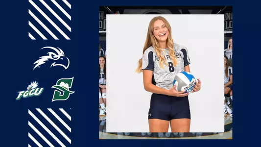 VB preview graphic with FGCU logo and Stetson logo next to a picture of Grace Peterson
