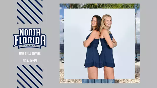 women's tennis fall invite graphic with a posed shot next to text over a gray background