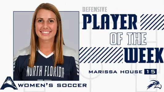 Graphic announcing Marissa House being named ASUN Defensive Player of the Week featuring a head shot of Marissa on a white background with blue text