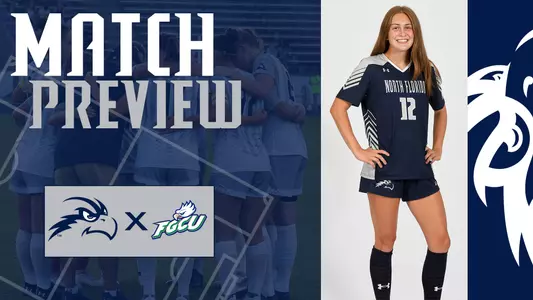 Women's soccer preview graphic for game at FGCU featuring head shot of Jersi Dadah and a background image of team huddle