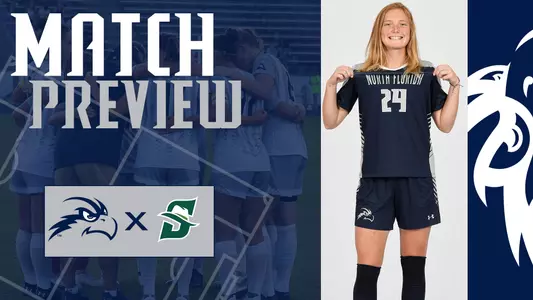 Women's soccer preview graphic for game at Stetson featuring head shot of Kate Carter and a background image of team huddle