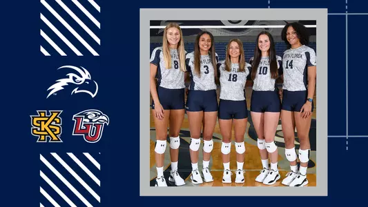 UNF volleyball senior night preview with pictures of the seniors next to a blue background and logos of the opponents.