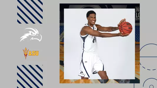 Men's basketball preview graphic for game against Arizona State featuring a head shot of Jonathan Aybar and logos for North Florida and Arizona State