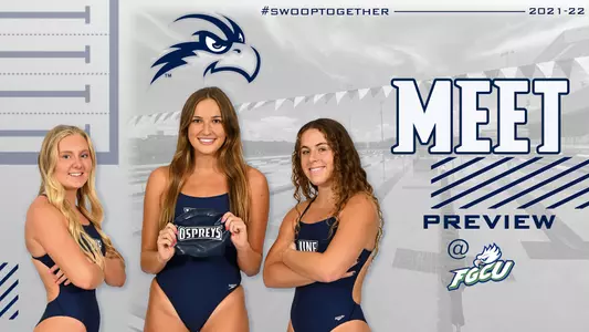 Swim meet preview graphic featuring head shots of Madelyn York, Lexi Calder and Madison Lichtig with a background image of the Aquatic Center