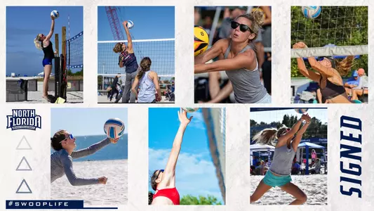beach volleyball signed graphic with images of the signees over a white background