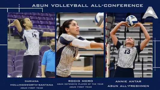 asun volleyball all-conference graphics with photos of rocio moro, dariana and annie
