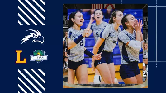 UNF Volleyball ASUN Championship Preview graphic with a photo of the team over a blue background
