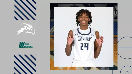 Men's basketball preview graphic for game against Webber International featuring a head shot of Jadyn Parker and logos for North Florida and Webber International