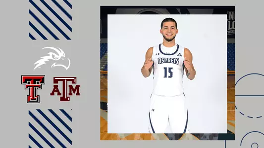 Men's basketball preview graphic for games against Texas Tech and Texas A&M with head shot of Jose Placer