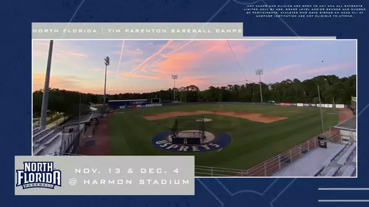 North Florida Baseball Camps Graphic with a picture of Harmon Stadium