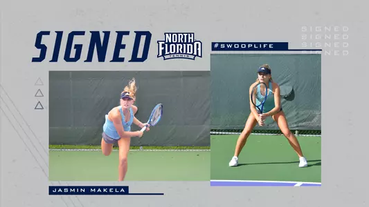 Jasmin Makela signing graphic with two action shots of her