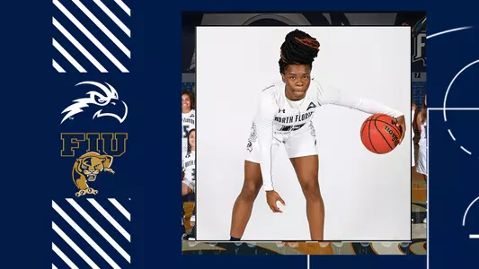 UNF vs. FIU preview graphic with Kaila Rougier dribbling a basketball.
