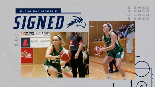 Helena Rafnsdottir signing graphic with two action shots of her over a gray background with text