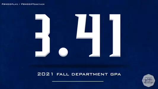 UNF athletics fall 2021 GPA release with text over a blue background. The text says #SWOOPLife // #SWOOPTogether with 3.41 GPA numeral in the middle and fall 2021 department GPA at the bottom