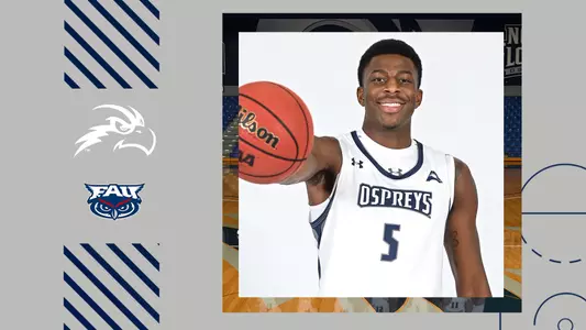 Men's basketball preview graphic for game against FAU featuring a head shot of Dorian James and logos for North Florida and FAU