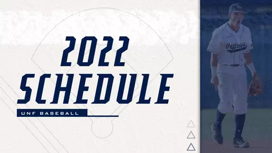 2022 asun baseball schedule release graphic with a picture of Aidan Sweatt behind a blue overlay and next to a white background