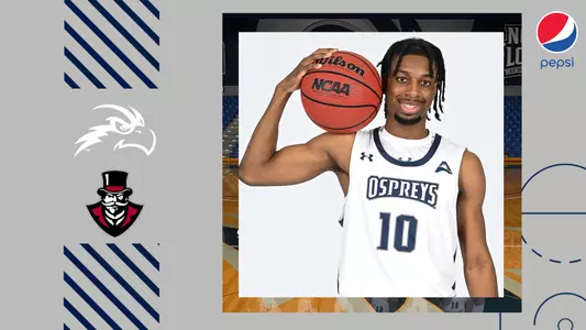Men's basketball preview graphic for game against Austin Peay featuring a head shot of Jairus Hicklen and logos for North Florida and Austin Peay