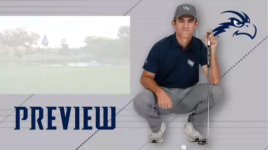 Men's Golf preview graphic for Gator Invitational featuring Robbie Higgins squatting to lineup a putt and background image of golf green on Mark Bostick Golf Course