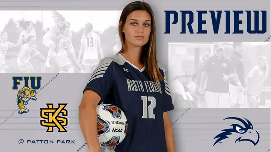 Women's soccer preview graphic for games versus FIU and Kennesaw State featuring head shot of Leah Ferlin and a background image of team huddle and coaching staff huddle