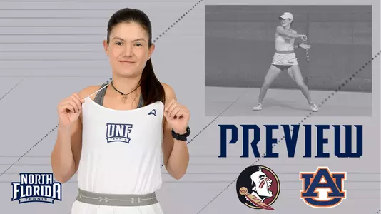 Women's Tennis FSU, Auburn preview graphic with school logos on the right and an action shot of Constanza Gorches on the right with her posed shot on the left