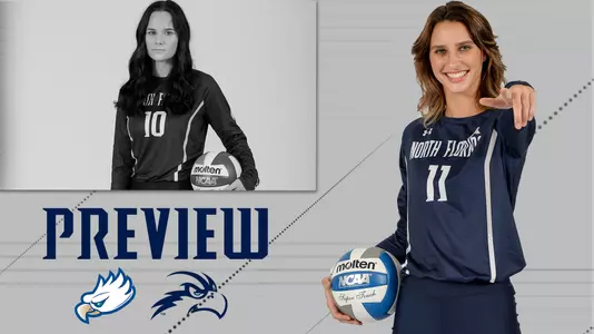 vb preview graphic vs. fgcu with action shots of bre walp and grace youngblood.