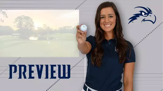 Preview for women's golf First Coast Classic tournament featuring a head shot of Mindy Herrick holding a golf ball and background image of Deerwood Country Club clubhouse