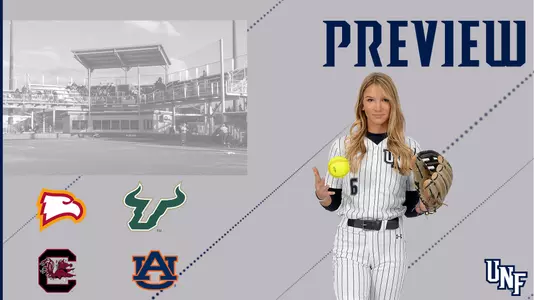 Softball preview with Winthrop, USF, South Carolina and Auburn logos featuring athlete Taylor Engman