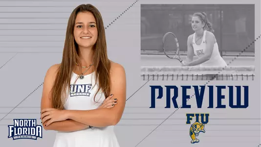 Women's Tennis FIU preview featuring action and posed shot of Florencia Rossi